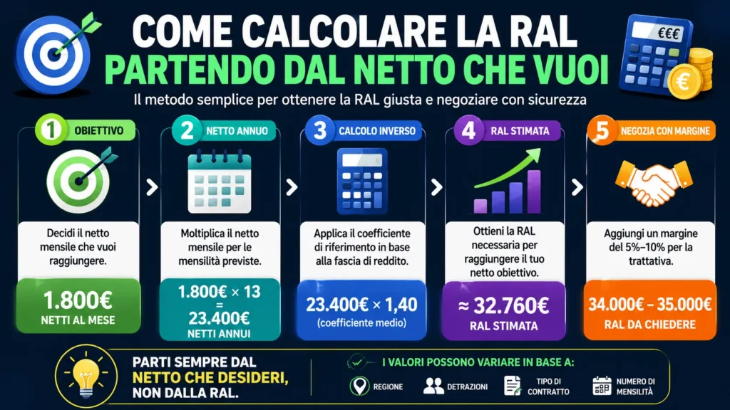 infografica per Come Calcolare la RAL Partendo dal Netto